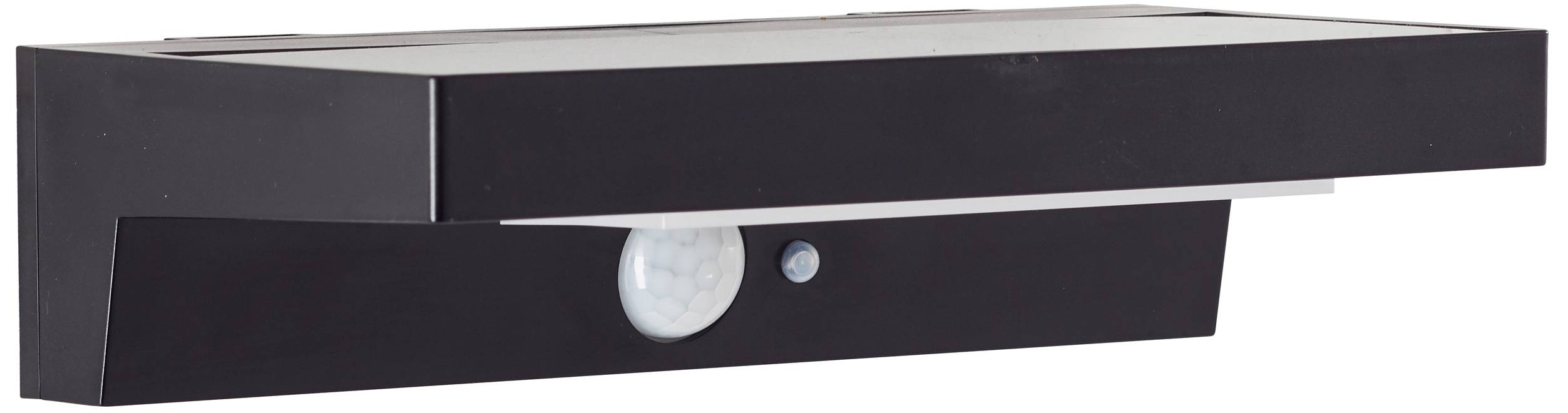 Czarna, prostokątna lampa zewnętrzna z czujnikiem ruchu, przeznaczona do montażu naściennego na zewnątrz.