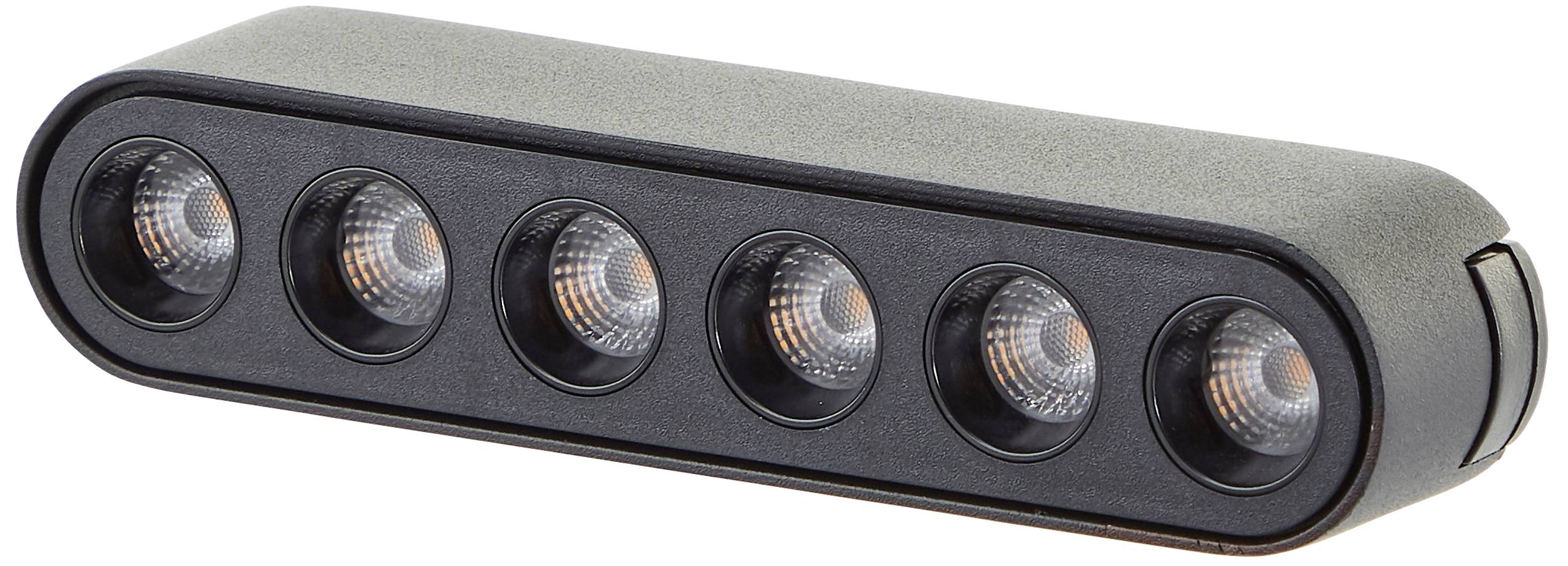 Prostokątny moduł świetlny z sześcioma równomiernie rozmieszczonymi świecącymi diodami LED w metalowej obudowie.