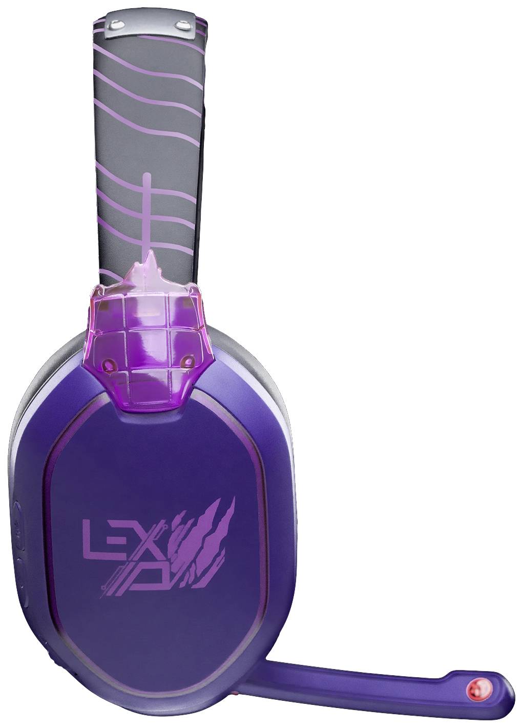 Fioletowe słuchawki z mikrofonem, stylizowane logo 'LEXO' na muszli słuchawkowej, przezroczysta plastikowa konstrukcja na górnej części.