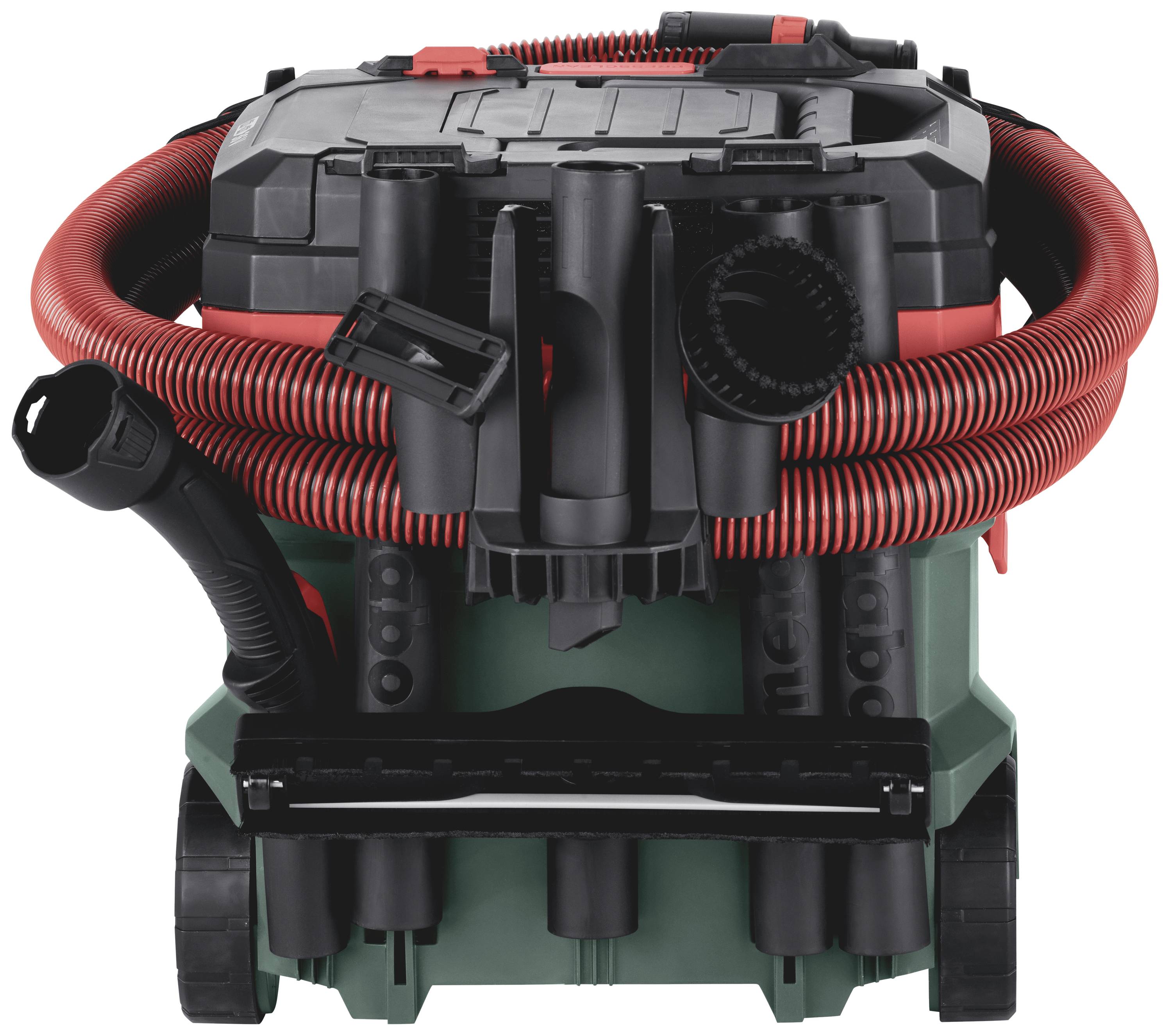 Przenośny przemysłowy odkurzacz z wieloma czarnymi i czerwonymi wężami ssącymi, zamocowany na szarym zbiorniku z kółkami.
