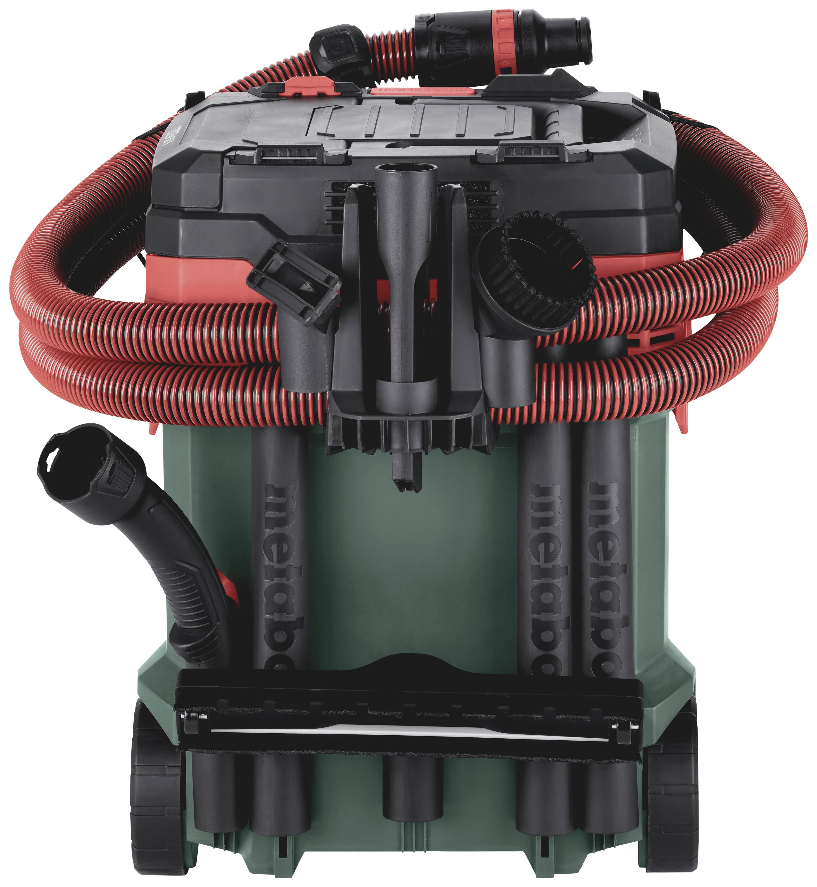 Odkurzacz przemysłowy z czerwonym wężem ssącym, czarną pokrywą i zieloną bębnową obudową na kółkach. Widoczne logo 'metabo'.