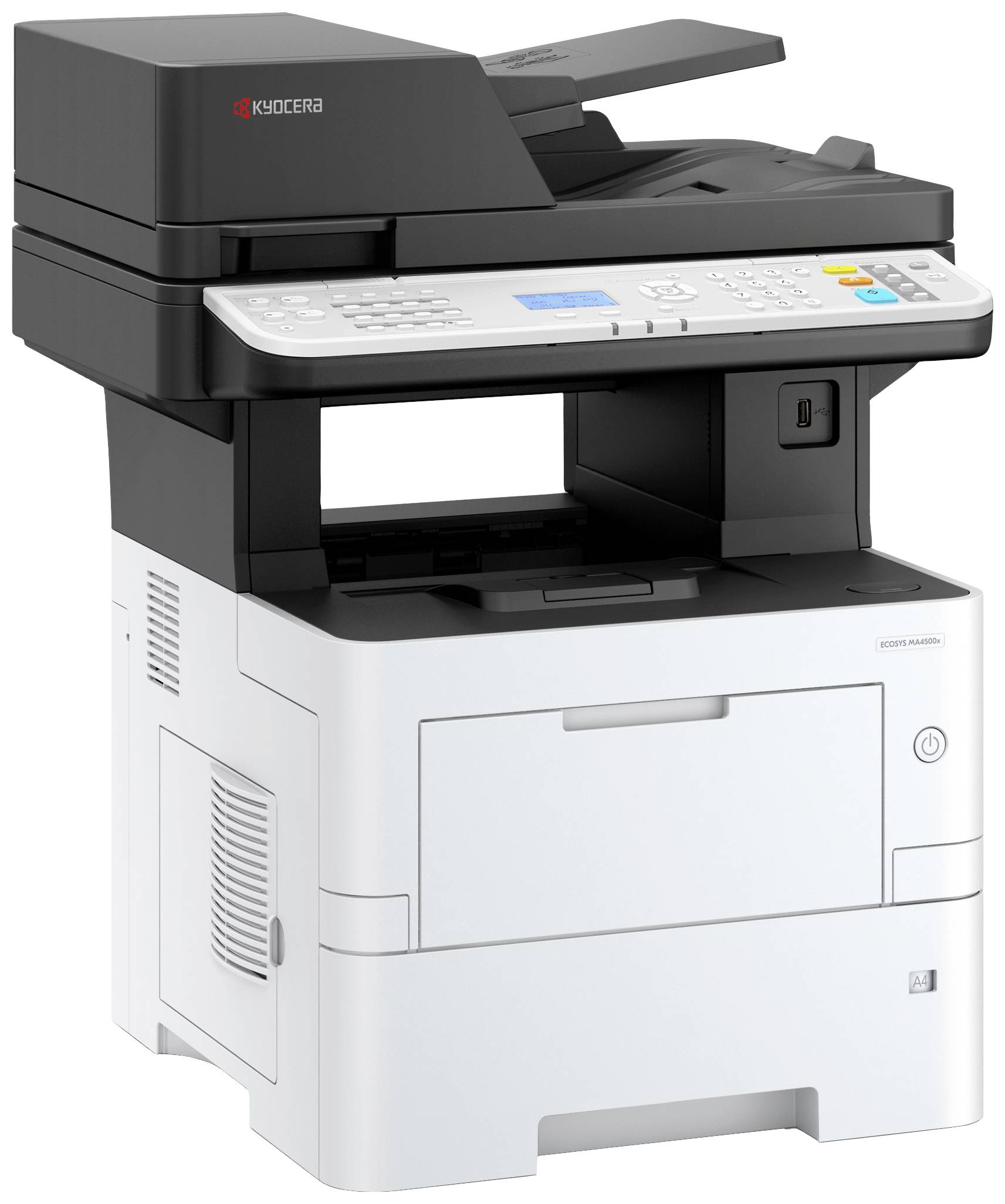 Wielofunkcyjne urządzenie drukujące z funkcją skanowania, kopiowania i faksowania. Model firmy Kyocera, kompaktowy i w kolorystyce czarno-białej.
