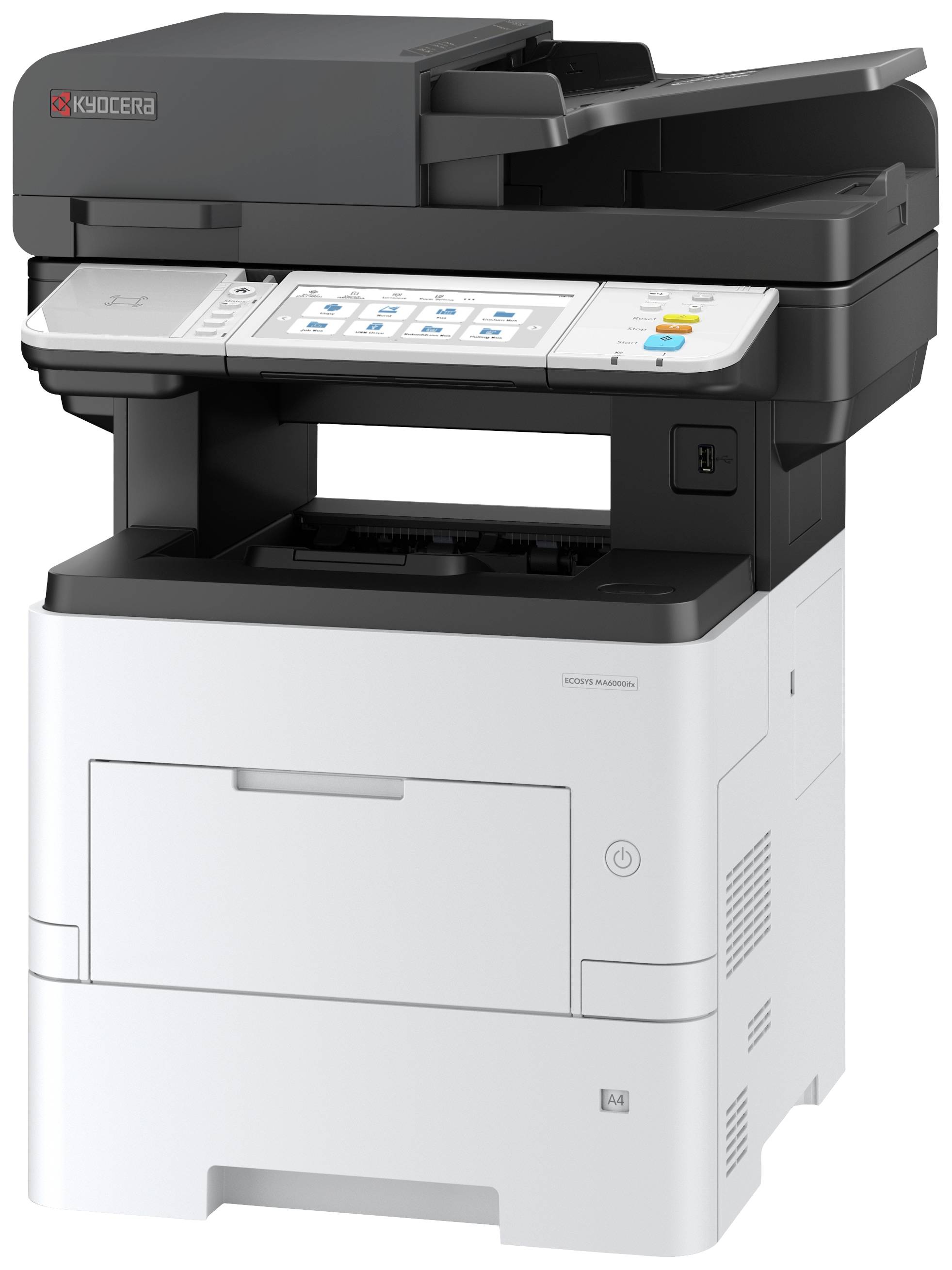 Wielofunkcyjne urządzenie drukujące z skanerem i panelem sterowania na górze, w kolorze szaro-czarnym, przeznaczone do zastosowań biurowych.