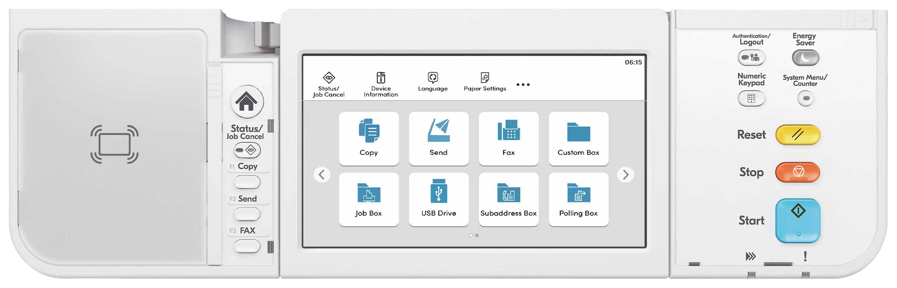 Panel sterujący drukarki z ekranem dotykowym wyświetlający opcje takie jak 'Kopiuj', 'Skanuj', 'Napęd USB' i 'Faks'. Przyciski Start, Stop i Resetuj.