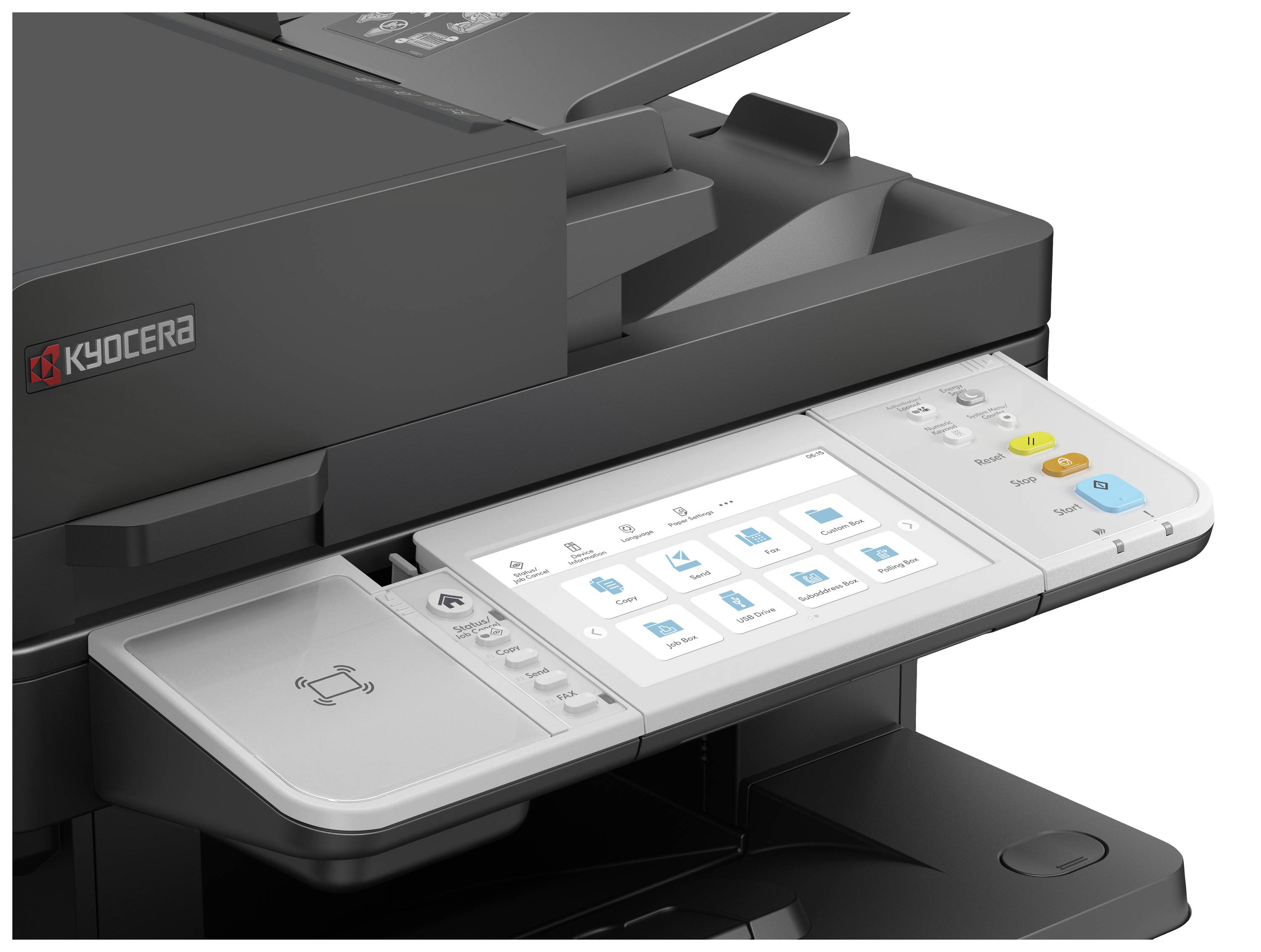 Wielofunkcyjne urządzenie drukujące z panelem dotykowym. Zintegrowane funkcje kopiowania, drukowania, skanowania i faksowania.