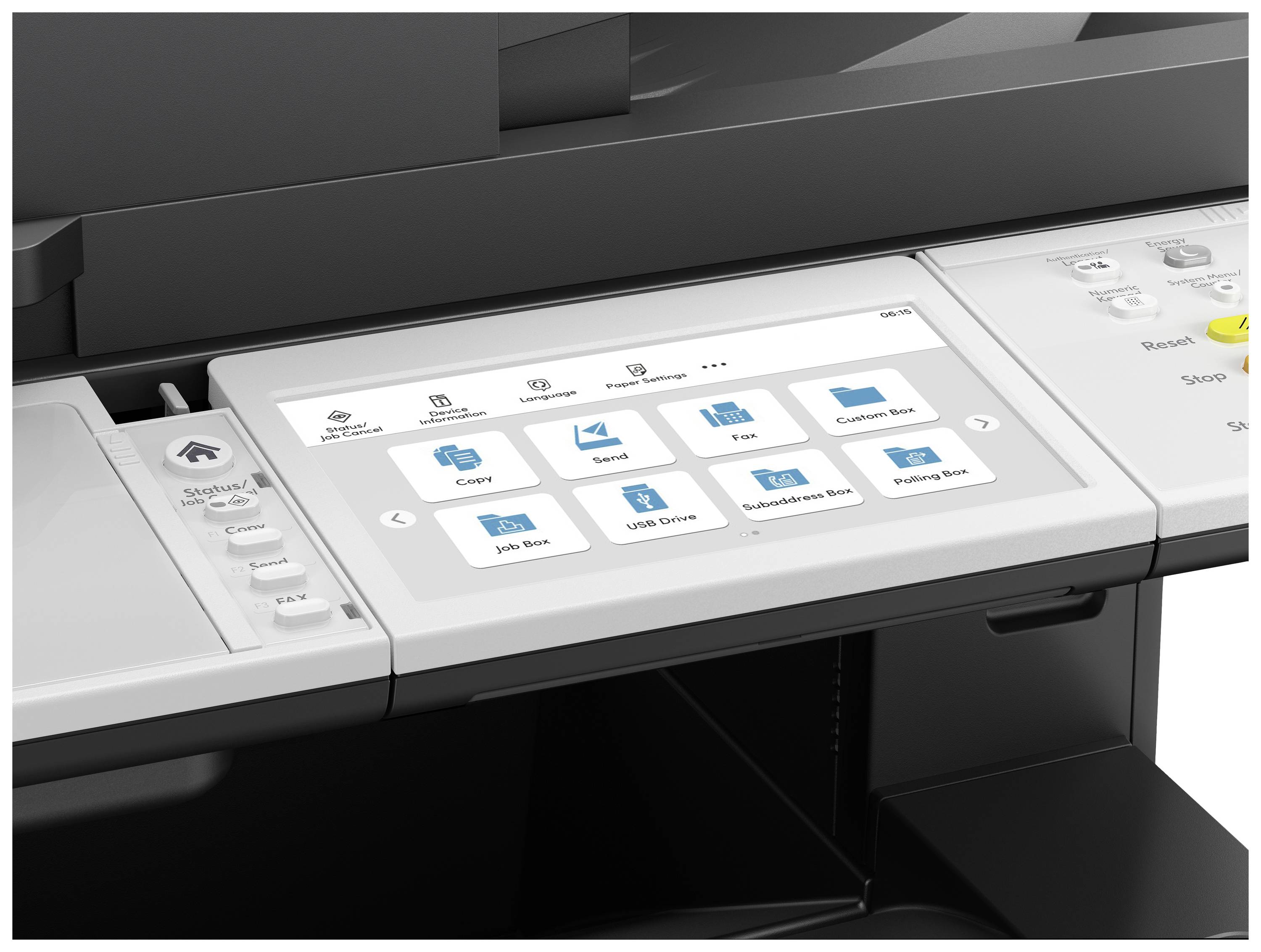 Wielofunkcyjne urządzenie drukujące z panelem sterowania. Na wyświetlaczu widoczne są opcje takie jak 'Kopiowanie', 'Skanowanie', 'Faks' i 'Port USB'.
