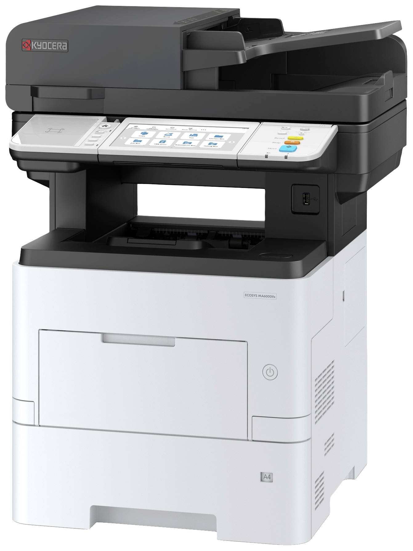 Biały drukarka biurowa z czarnym skanerem. Większy podajnik papieru na górze, panel sterowania z przyciskami i wyświetlaczem z przodu. Oznaczenie 'Kyocera'.