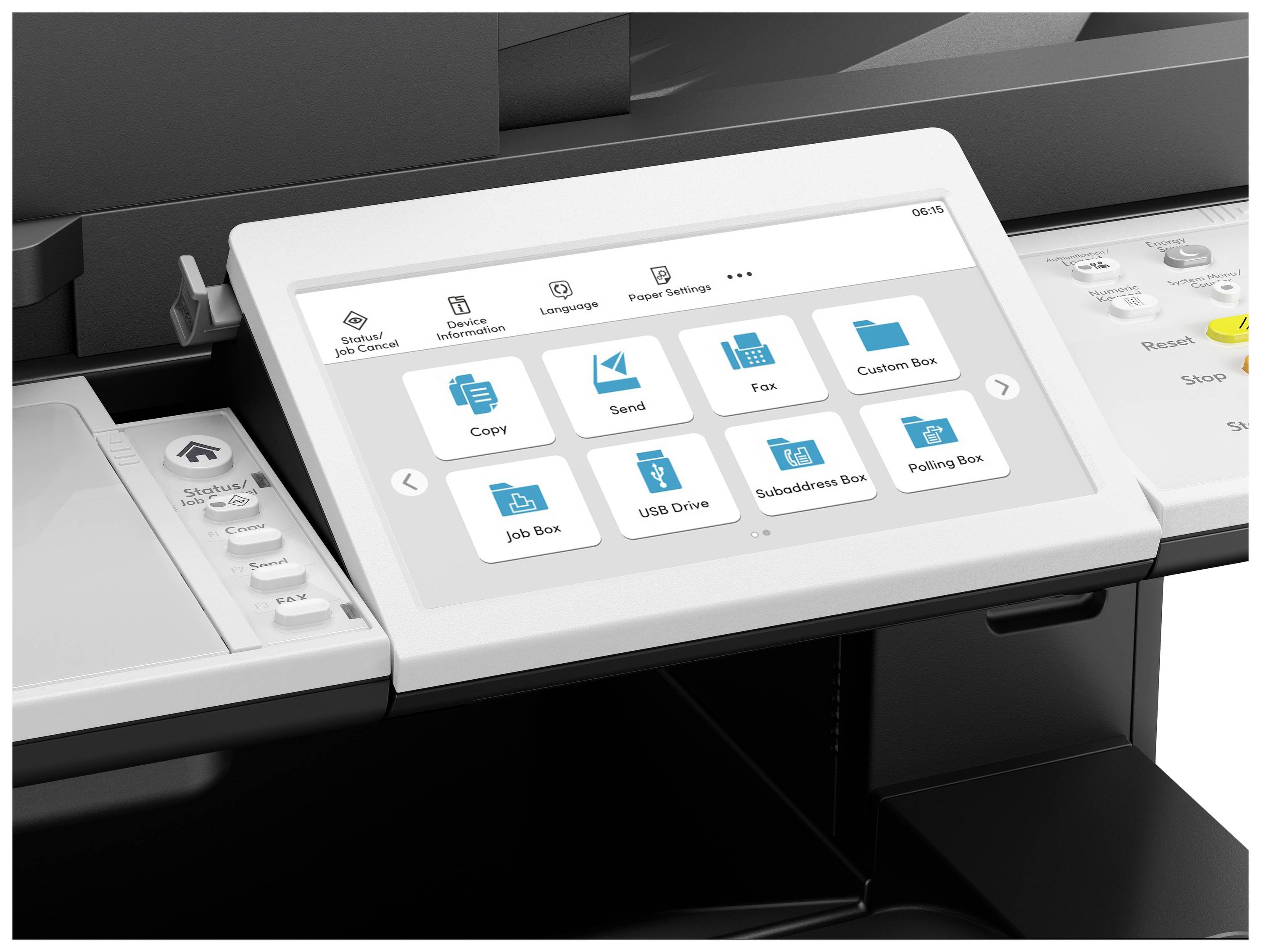 Drukarka z wyświetlaczem dotykowym. Na ekranie widoczne są symbole i opcje takie jak 'Kopiuj', 'Wyślij' i 'Faks'.