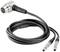 Czarny kabel z dwoma wtyczkami na jednym końcu i okrągłym metalowym złączem na drugim. Wygląda na kabel audio.