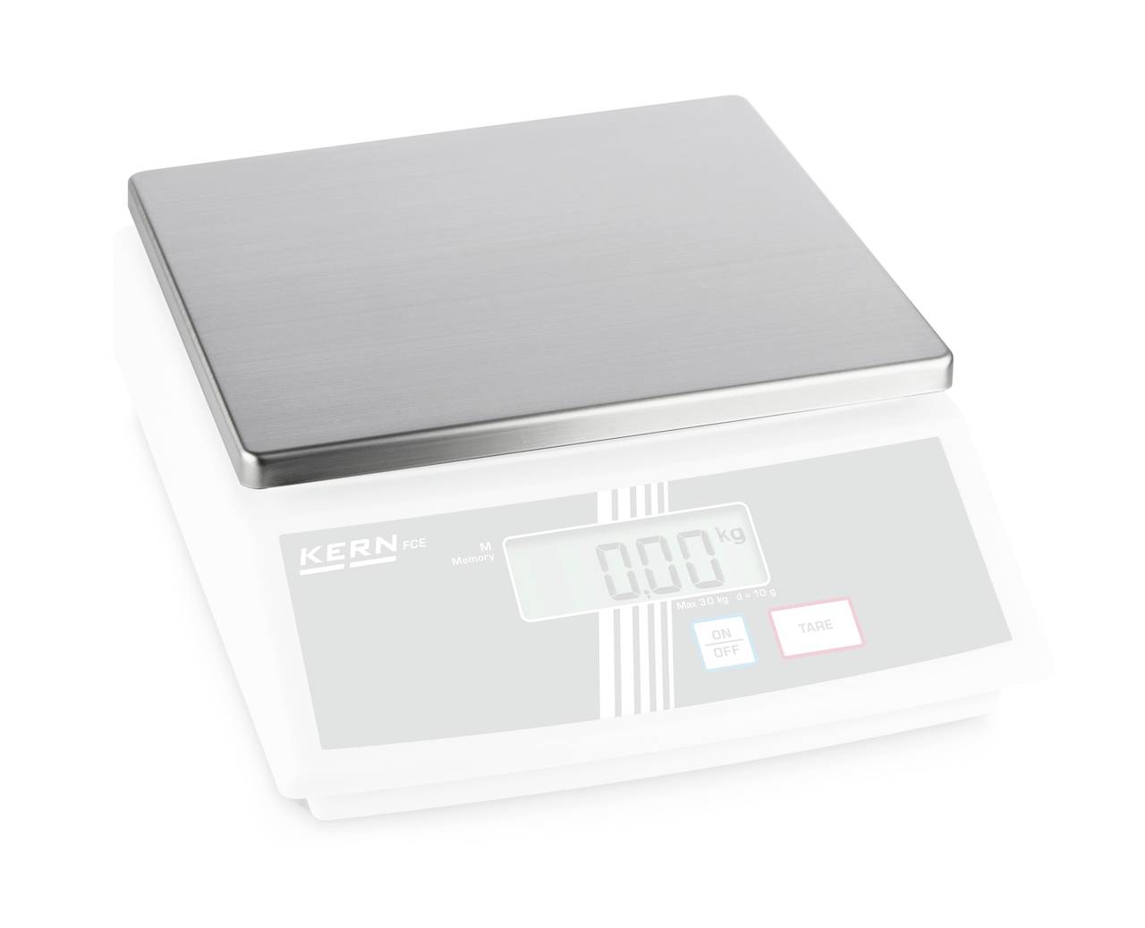 Cyfrowa waga kuchenna z platformą ze stali nierdzewnej wskazuje 0,00 kg na wyświetlaczu LCD. Nazwa marki 'KERN' widoczna.