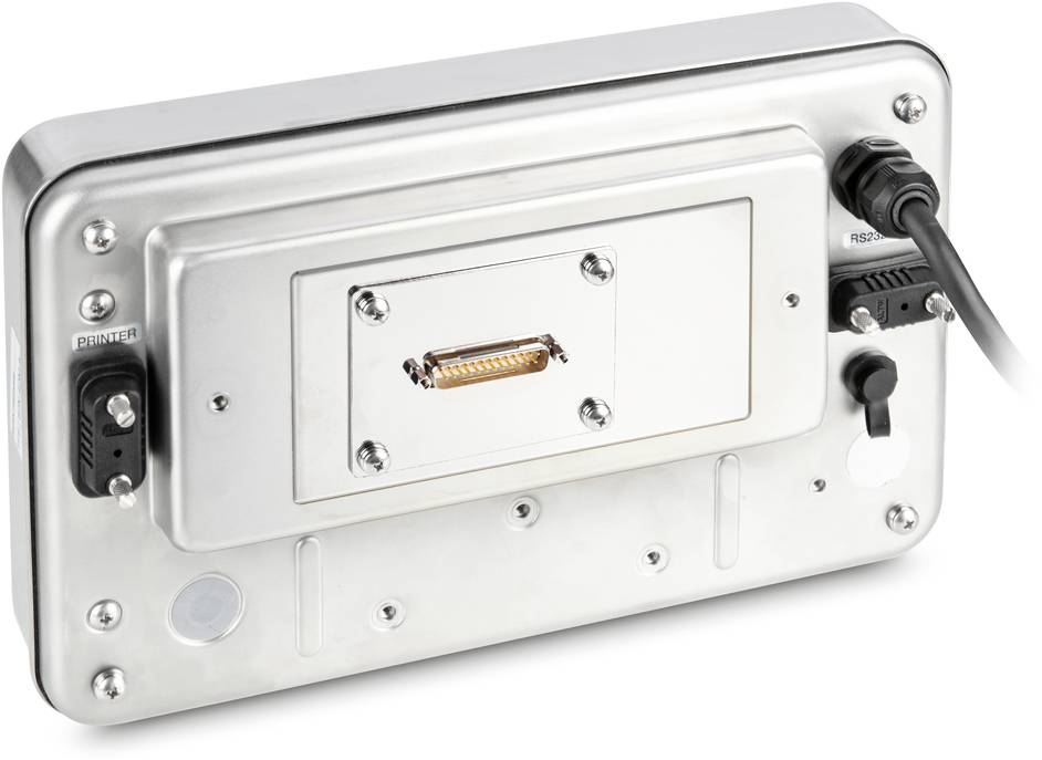 Widok z tyłu urządzenia elektronicznego z wieloma złączami i prostokątną wtyczką pośrodku.