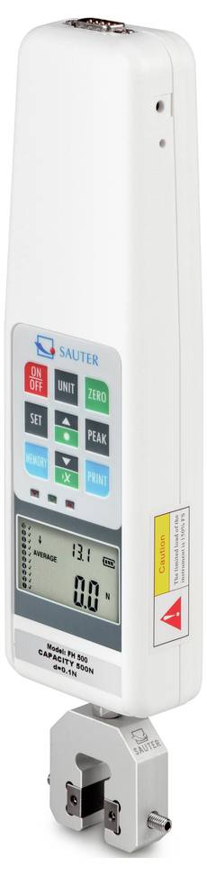 Elektroniczny miernik siły z wyświetlaczem cyfrowym, wieloma przyciskami funkcyjnymi oraz uchwytem pomiarowym u dołu.