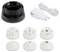 Różne elementy wyposażenia systemu do przygotowywania kawy: czarna podstawa, ładowarka z przewodem, cztery białe nakładki.