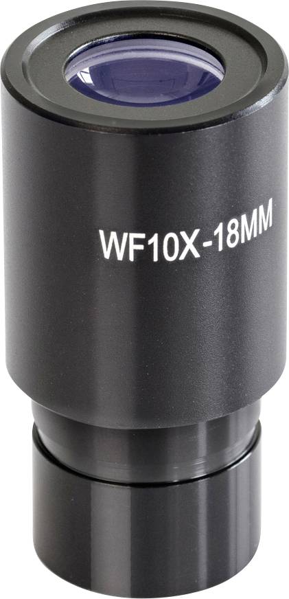 Okular 'WF10X-18MM' do mikroskopów, czarny, z soczewką powiększającą na górze.