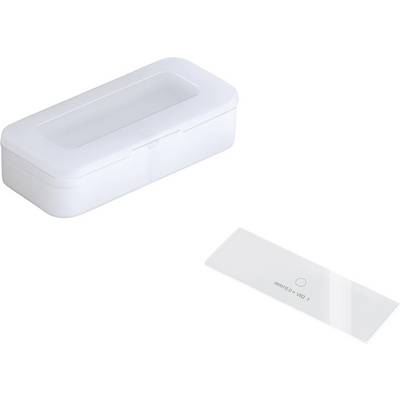 Biała prostokątna pudełko z przezroczystą pokrywką obok prostokątnego szklanego preparatu z napisem 'amzn DGF H'.