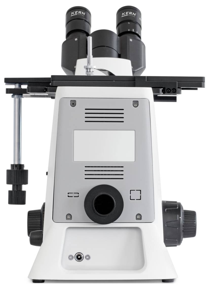 Mikroskop laboratoryjne widziane z przodu, z dwoma okularami i kilkoma pokrętłami regulacyjnymi; przeznaczone do badań naukowych.