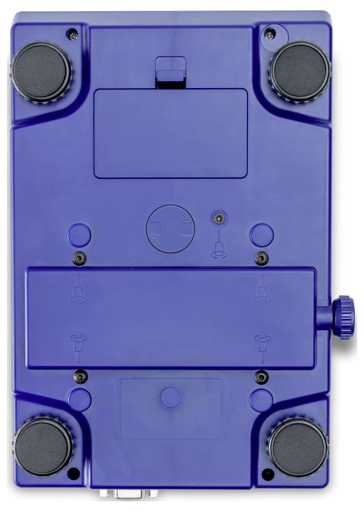 Niebieskie prostokątne urządzenie z czterema czarnymi przyciskami w rogach i obrotowym kołem z boku.