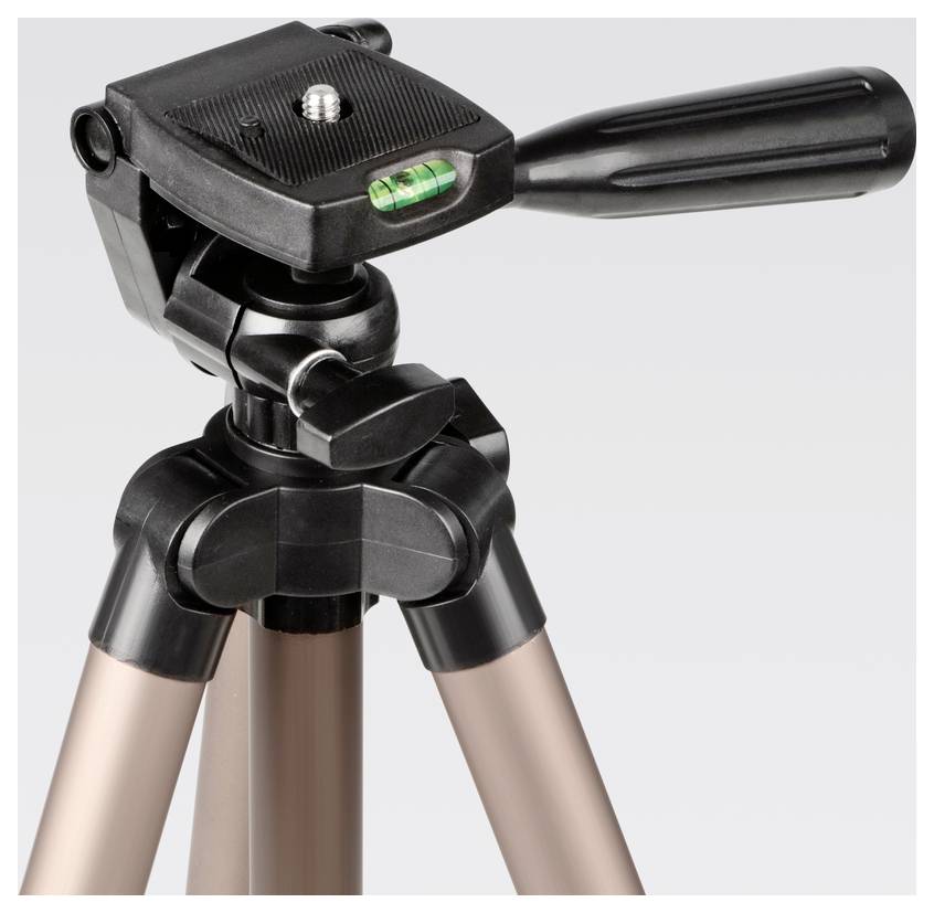 Trójnożny statyw fotograficzny z czarną głowicą i uchwytem oraz wbudowanym poziomem do precyzyjnego ustawienia.