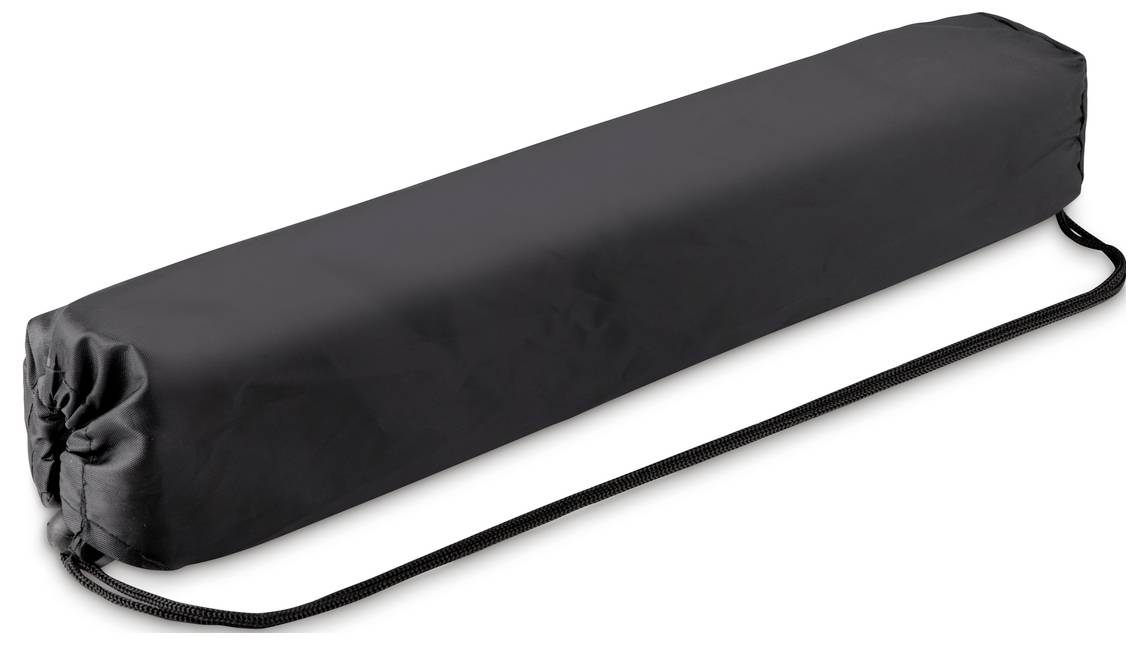 Czarna torba o podłużnym kształcie z sznurkiem ściągającym, prawdopodobnie przydatna do transportu lub przechowywania.