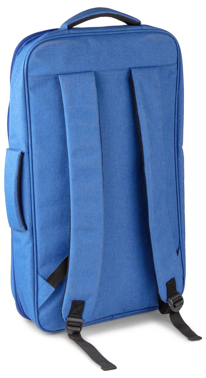Niebieski plecak z dwoma paskami na ramiona i uchwytem do przenoszenia na górze, wykonany z wytrzymałego materiału, widziany z boku.