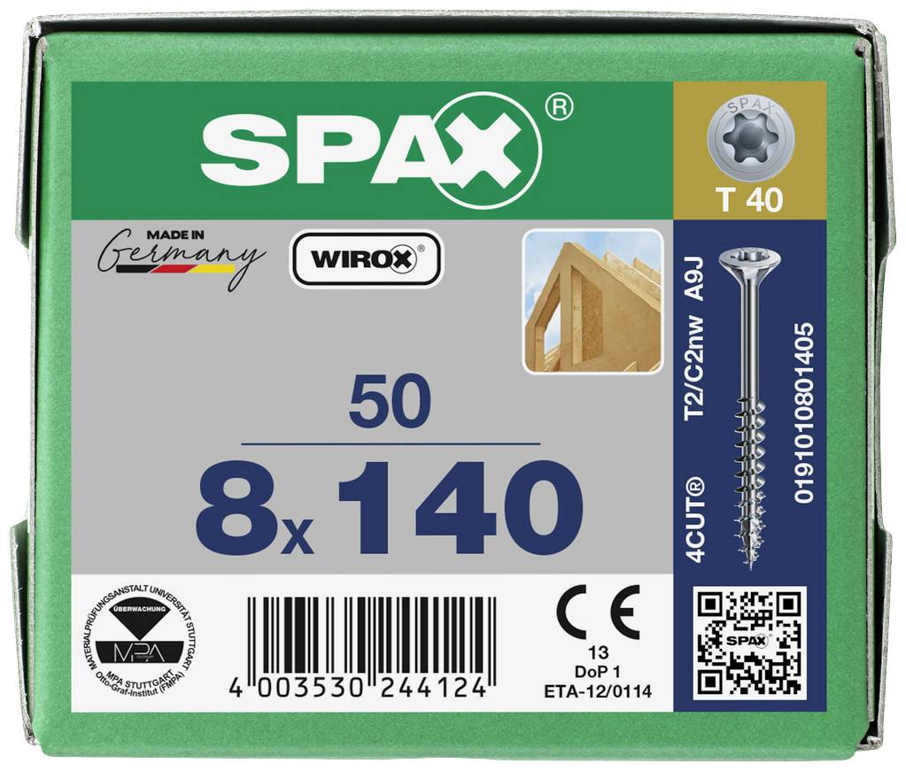 Zielona opakowanie z napisem 'SPAX'. Zawiera 50 śrub 8x140 mm, wyprodukowanych w Niemczech. Posiada symbol elementu drewnianego oraz kod QR.