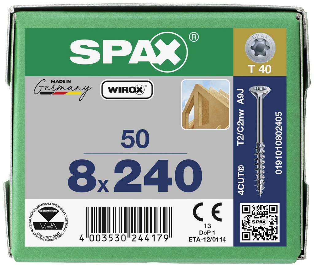 Pudełko śrub SPAX, 8x240 mm, 50 sztuk. Z logo 'Made in Germany', kodem QR i symbolami specyfikacji produktu.