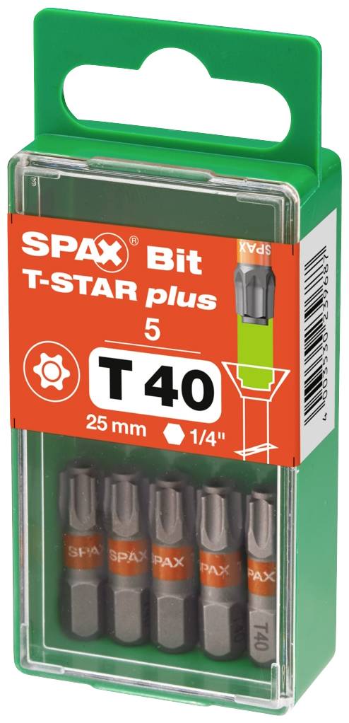 'SPAX Bit T-STAR plus T40', opakowanie z pięcioma bitami 25 mm. Odpowiednie do wkrętów z łbem T40, z zielonym uchwytem plastikowym.