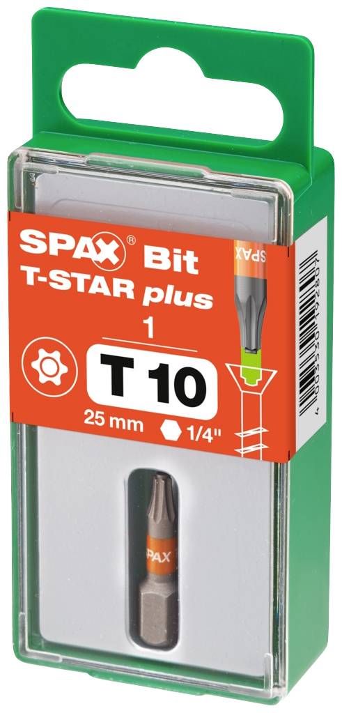 Bit SPAX T-STAR plus T10, długość 25 mm, mocowanie 1/4 cala. Opakowanie z bitem do wiercenia, prezentowany w zielonym pudełku z tworzywa sztucznego.