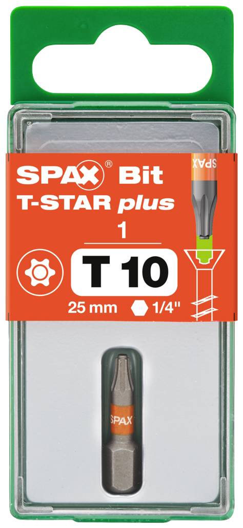 Bit 'SPAX T-STAR plus', rozmiar T10, długość 25 mm, mocowanie 1/4" sześciokątne wewnętrzne. Pakowany w plastikowe pudełko z zielonym zawieszeniem.