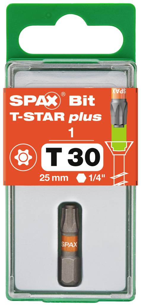 Bit SPAX T-STAR plus T30, 25 mm, 1/4 cala. Opakowanie prezentuje bit i informacje o produkcie. Odpowiedni do zastosowań wkrętarskich.