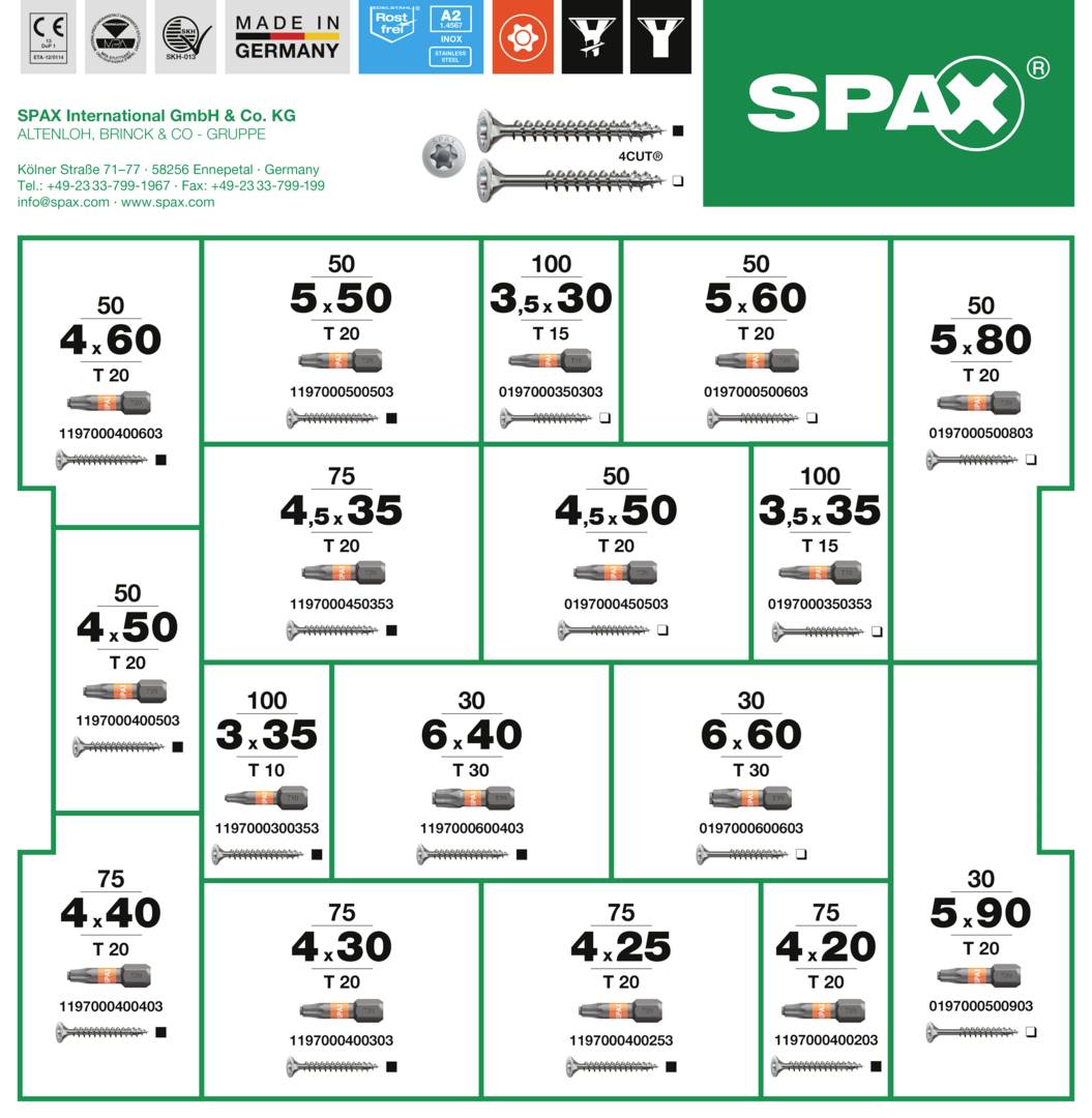 Przegląd śrub SPAX: Różne śruby o średnicach od 4,20 do 5,90 mm i długościach od 40 do 80 mm. Napęd T20.