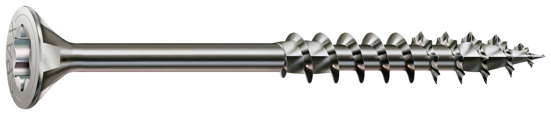 Zbliżenie śruby ze stożkowym łbem wykonanej z metalu i drewna, z ostrymi gwintami, przeznaczonej do projektów budowlanych.