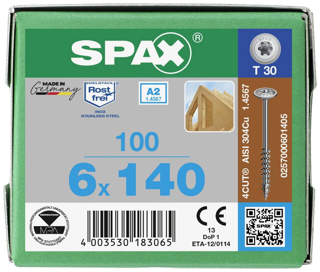 Pudełko wkrętów 'SPAX', 100 sztuk, rozmiar 6x140, stal nierdzewna, T 30, z ilustracją drewna. Made in Germany. Kod kreskowy w prawym dolnym rogu.