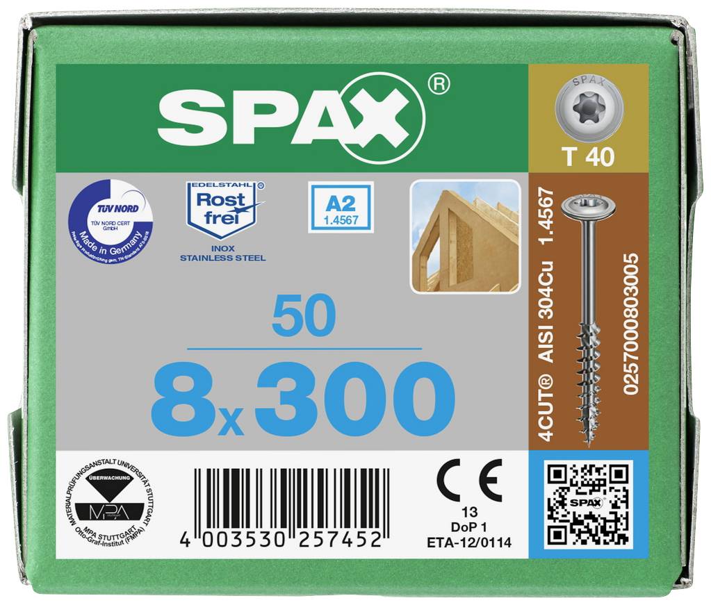 Opakowanie wkręta SPAX, T 40, 8x300 mm, A2 stal nierdzewna, przedstawiające symbol połączenia drewna, kod QR oraz informacje normowe.