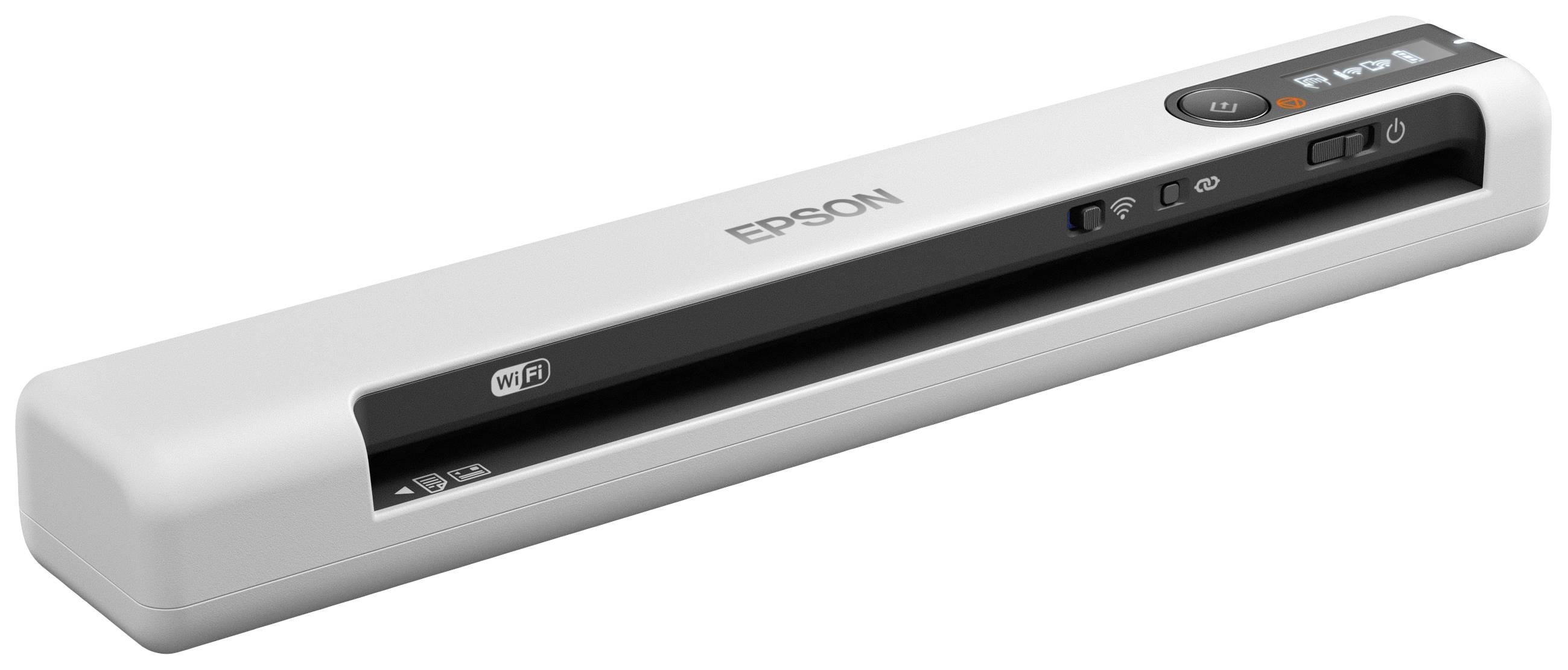 Przenośny skaner dokumentów w białej obudowie z funkcją Wi-Fi i przyciskami sterującymi do mobilnego skanowania.