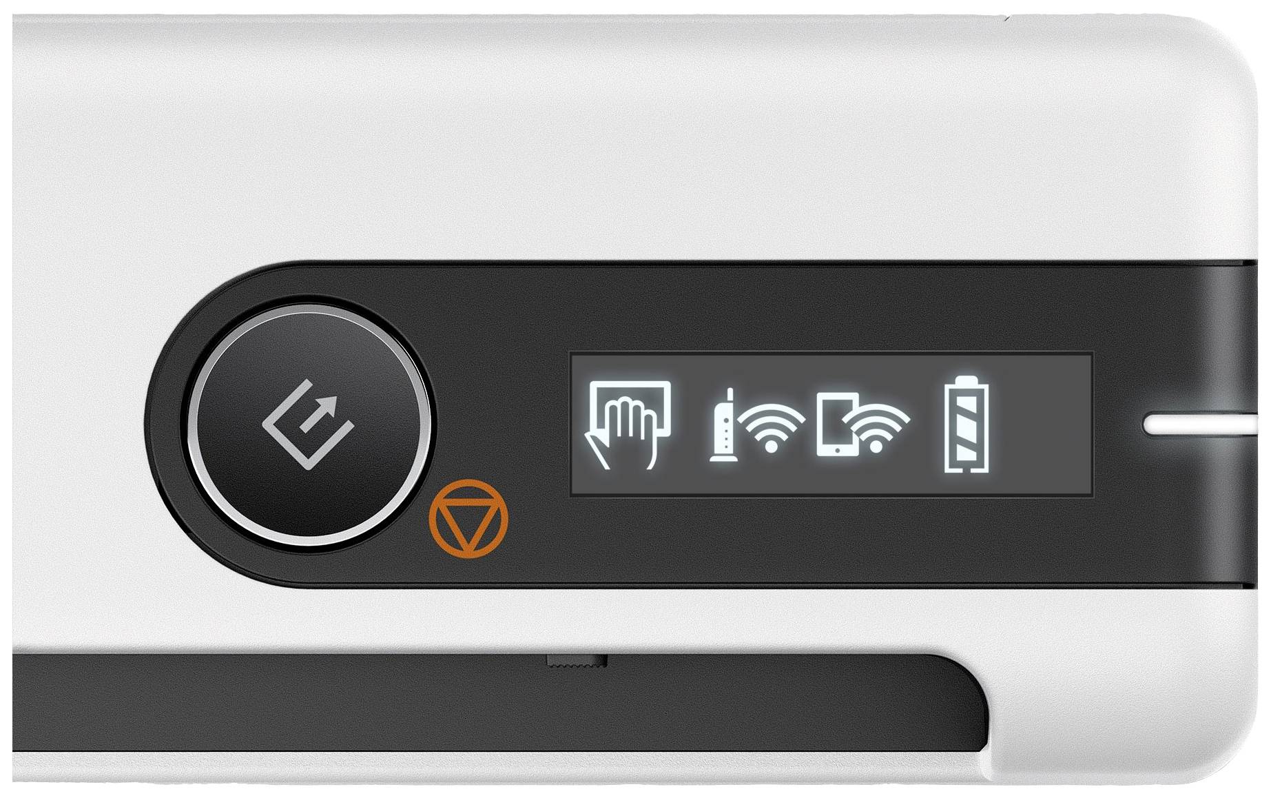 Panel sterujący z dużym przyciskiem i wyświetlaczem, na którym widnieją symbole dłoni, sieci Wi-Fi, papieru, sieci komórkowej oraz poziomu naładowania baterii.