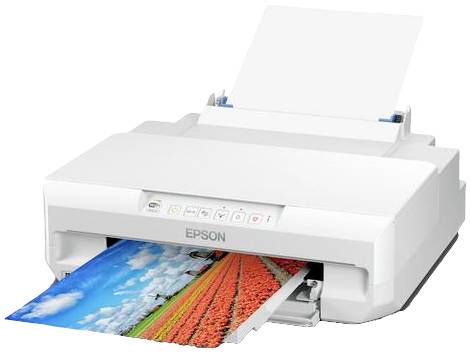 Biały drukarka wyświetla kolorowy wydruk niebieskiego nieba i pola. Podajnik papieru jest widoczny u góry.