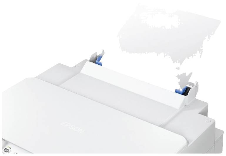 Biały drukarka Epson z podajnikiem papieru, który jest do połowy zapełniony. Po lewej stronie podajnika znajdują się niebieskie prowadnice papieru.