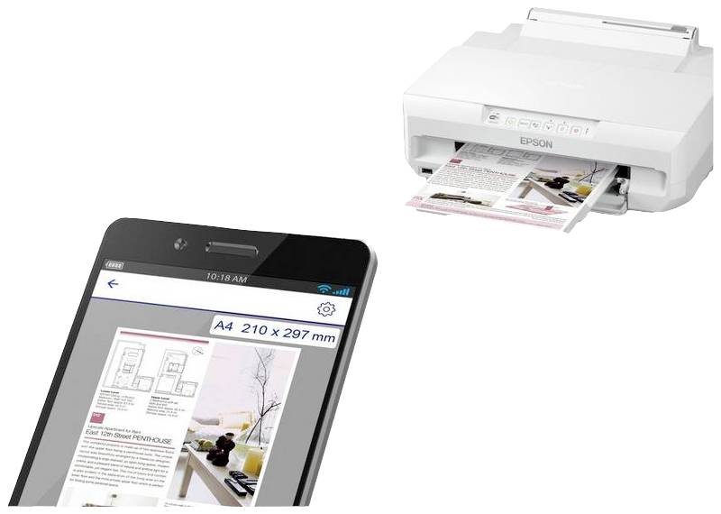 Drukarka drukuje dokument. Na pierwszym planie ekran smartfona wyświetla podgląd wydruku dokumentu w formacie A4.