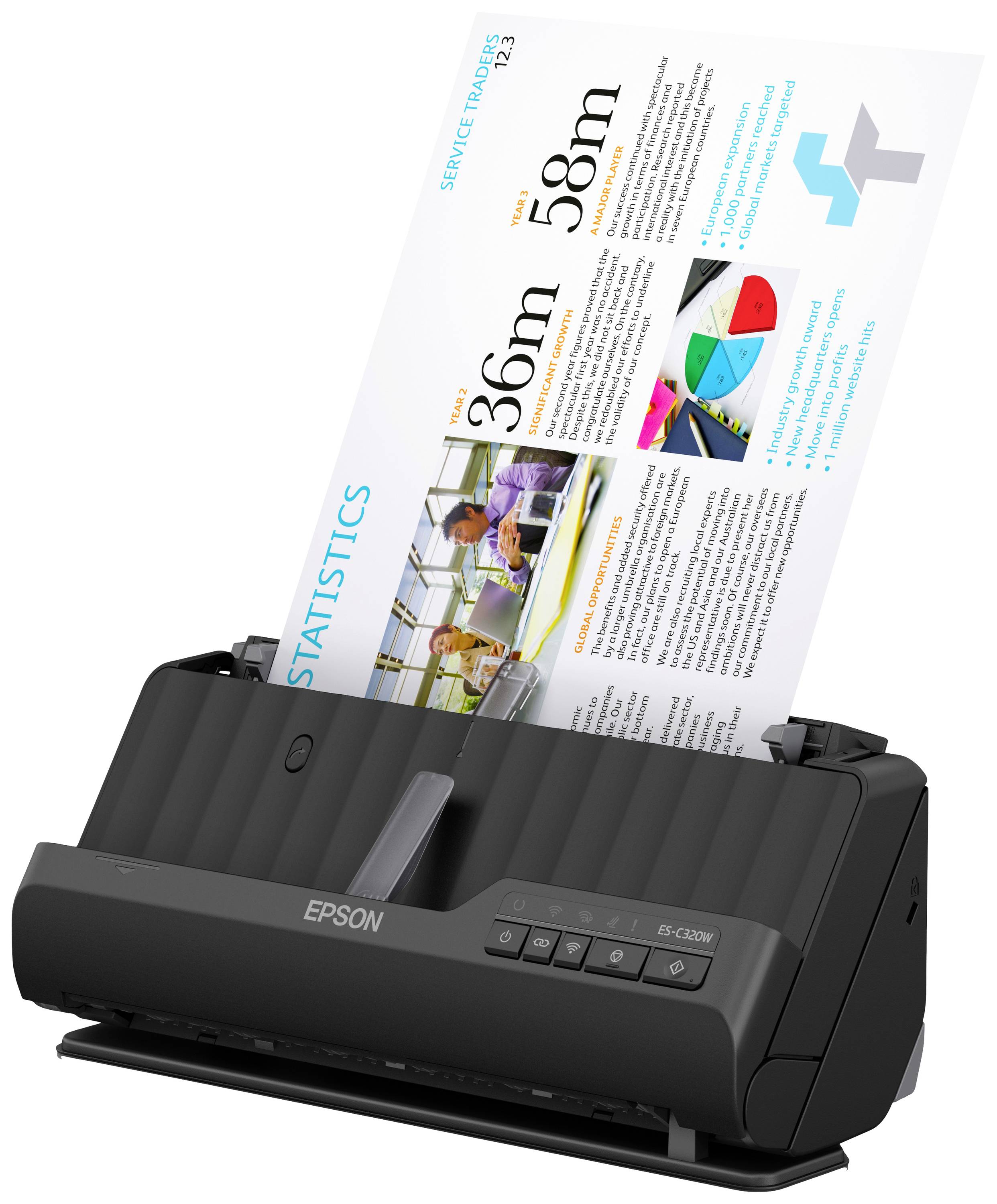 Czarny skaner firmy Epson skanuje kolorowo zadrukowaną kartkę z danymi statystycznymi, wykresami i obrazami.