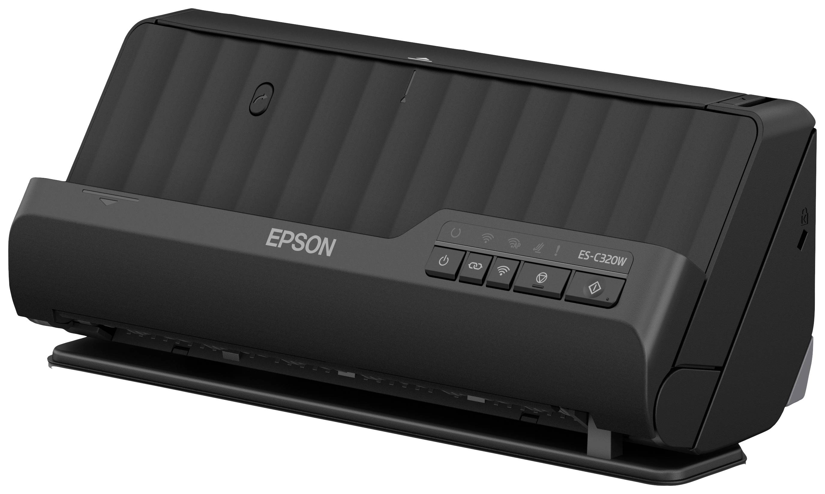 Czarny skaner Epson, model ES-C320W. Urządzenie posiada kilka przycisków sterujących na przedniej części obudowy i jest odpowiednie do użytku mobilnego.