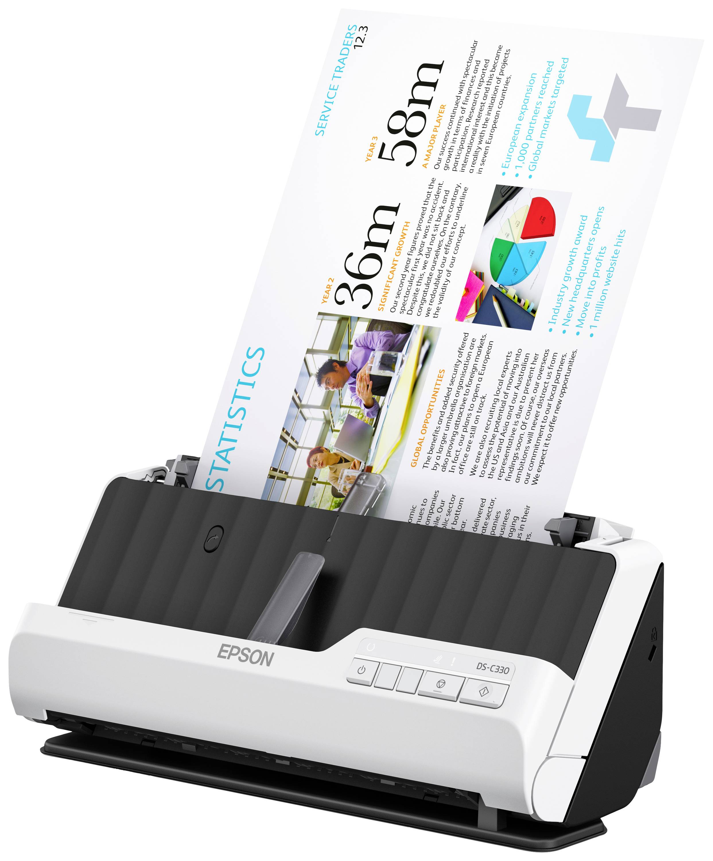 Skaner dokumentów przetwarza arkusz z kolorowymi diagramami i tekstem, ułożonymi w przejrzysty sposób, do analiz statystycznych.