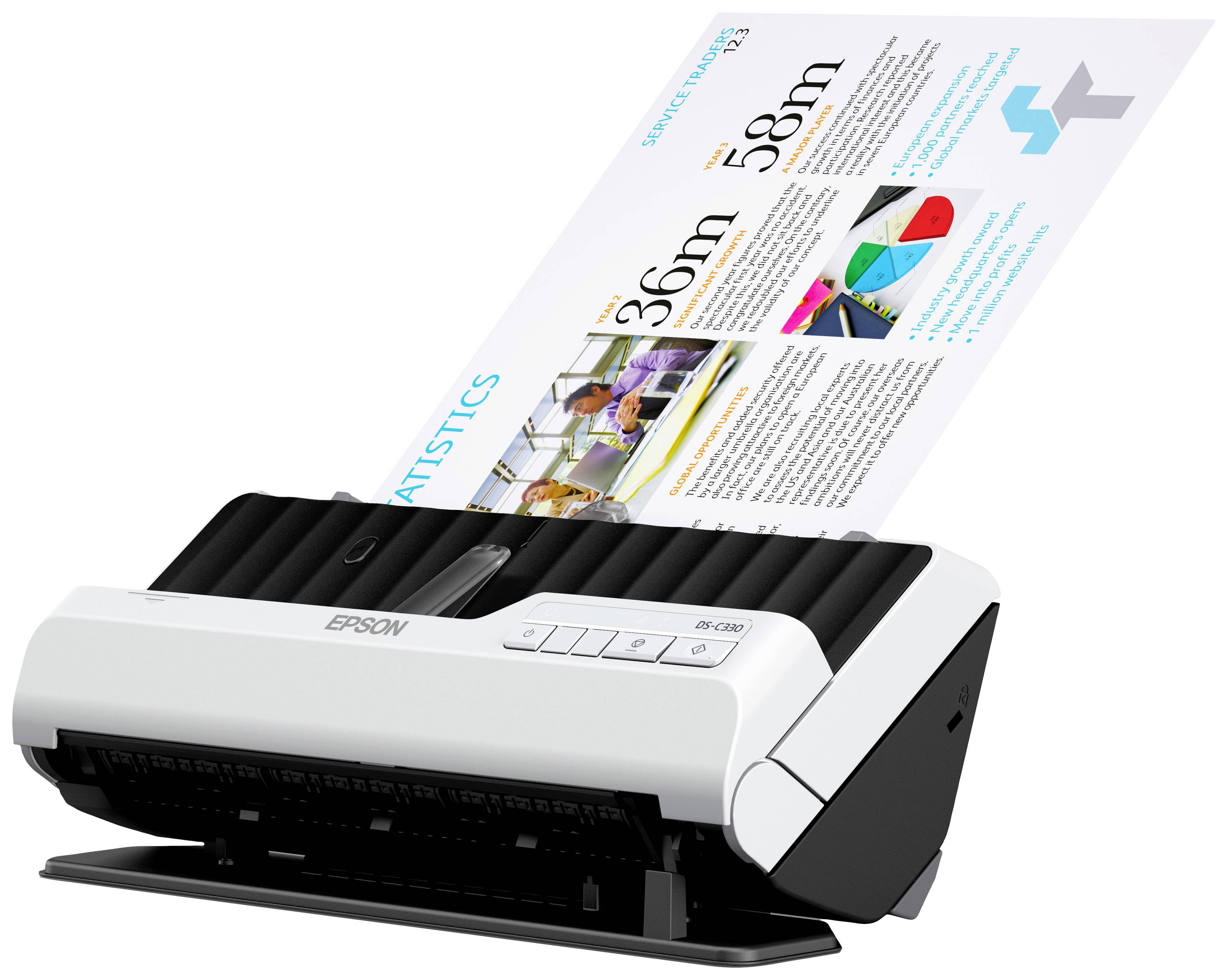 Skaner Epsona skanuje dokument z kolorowymi diagramami i tekstem. Nacisk położony jest na cyfryzację dokumentów papierowych.