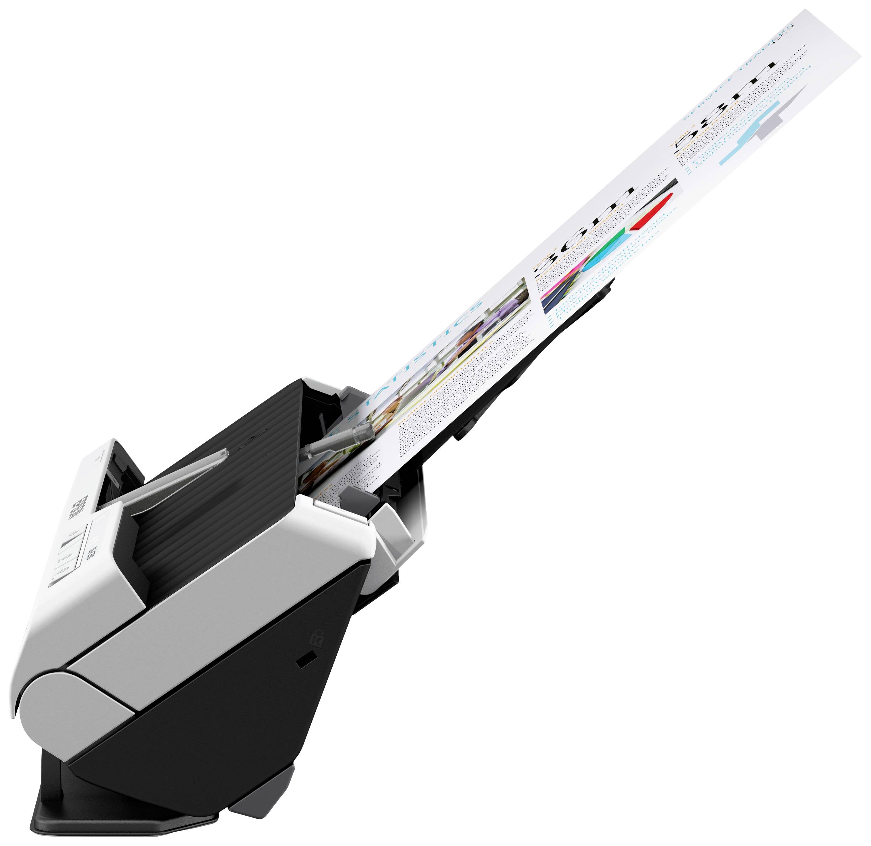 Skośnie ustawiony skaner dokumentów skanuje kartkę papieru z diagramami i tekstem w różnych kolorach.