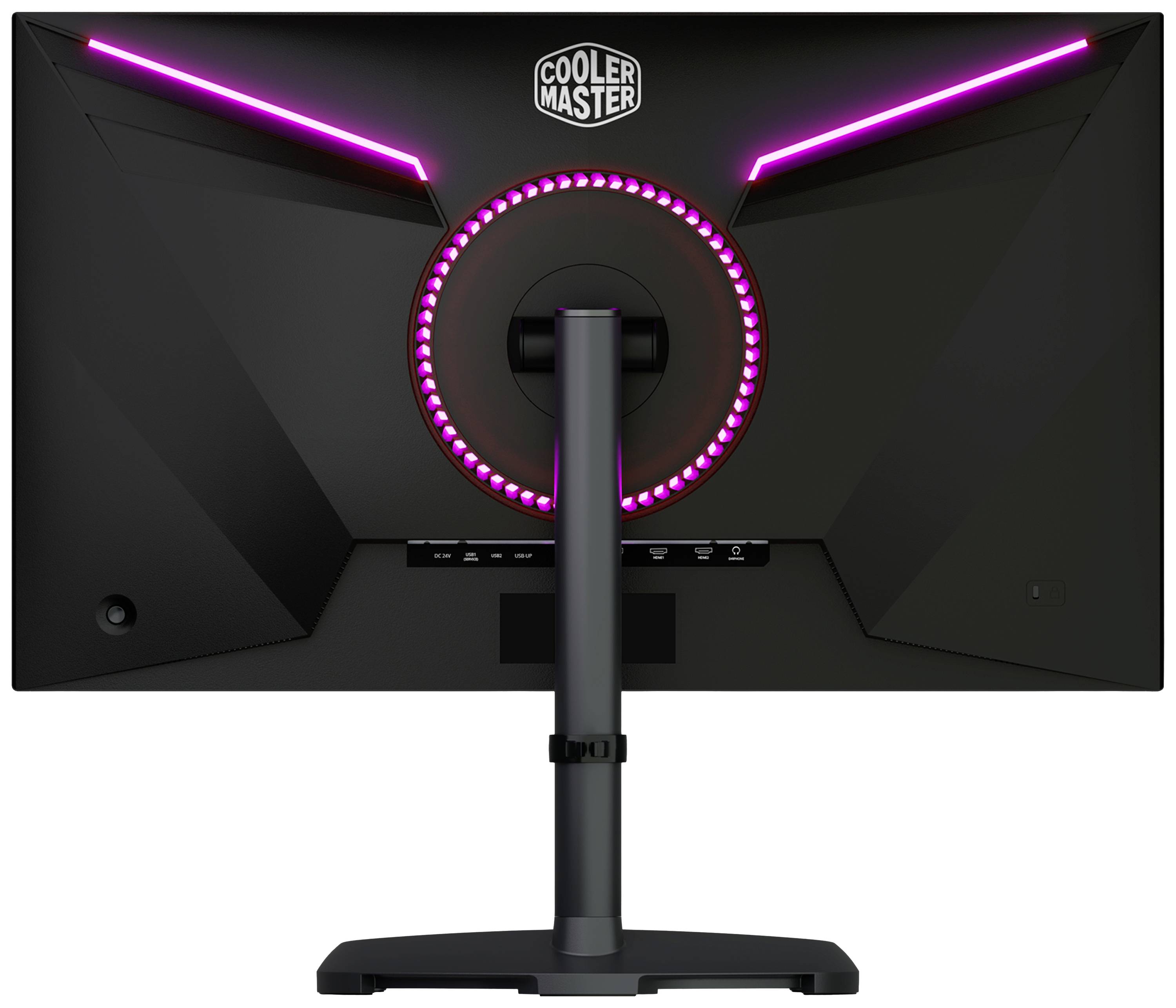 Ekran komputerowy widziany od tyłu z jasnymi, różowymi paskami LED i logo 'Cooler Master' umieszczonym pośrodku u góry.