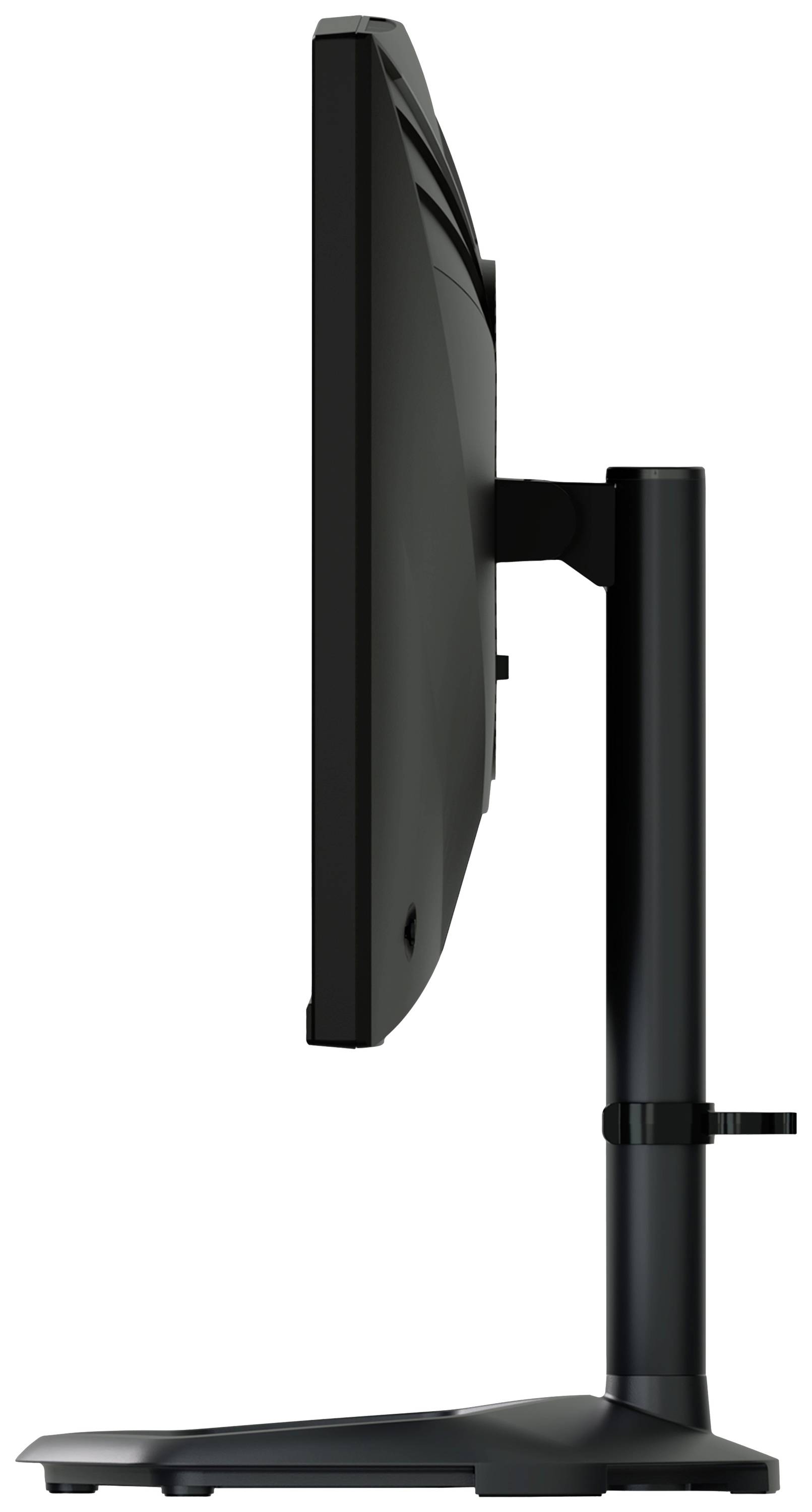 Ekran komputerowy widziany z boku z regulowaną podstawą, która umożliwia zmianę wysokości i kąta nachylenia monitora.