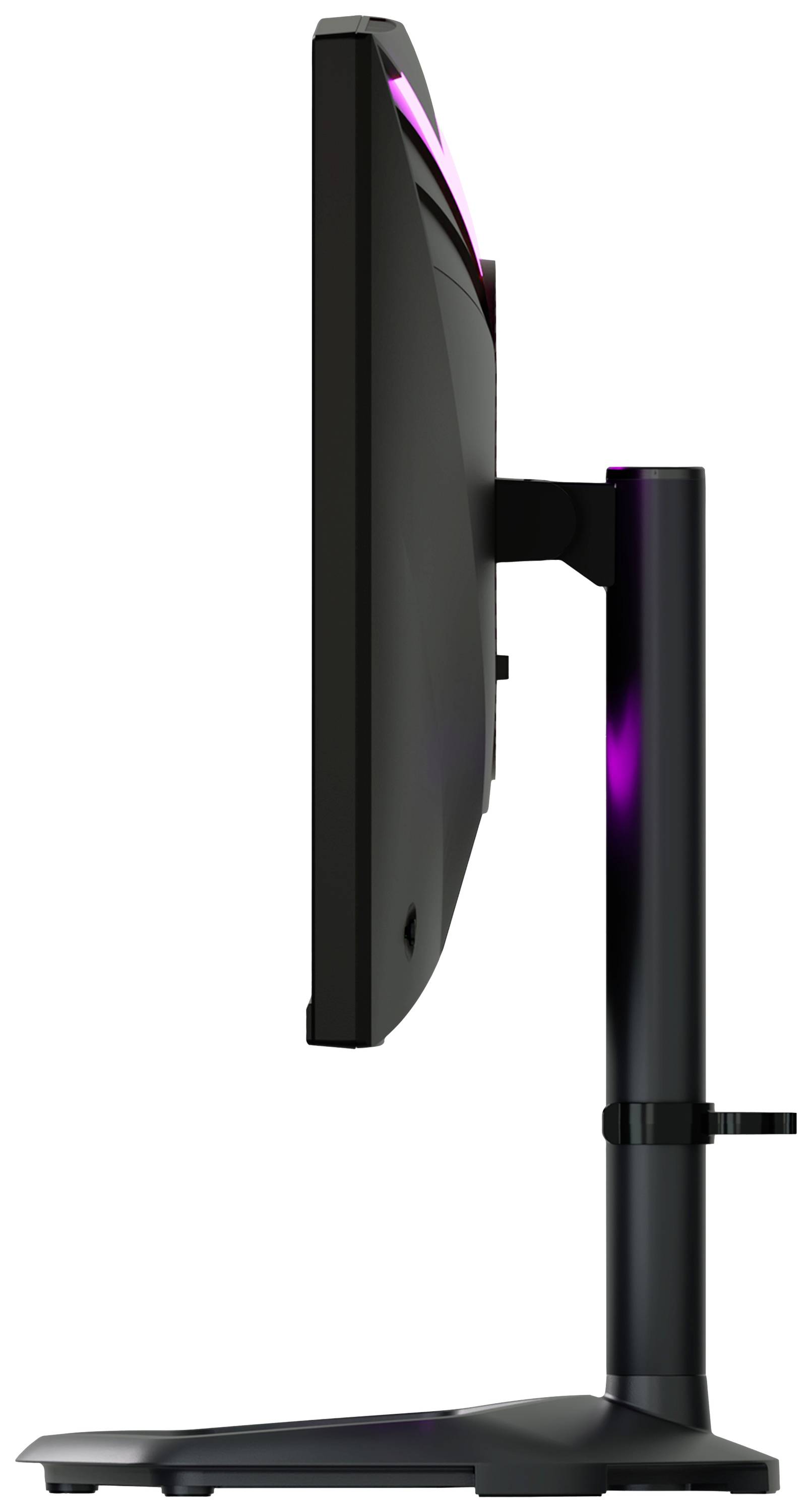 Widok z boku nowoczesnego monitora komputerowego na regulowanym statywie, o smukłej sylwetce z diodami LED z tyłu.