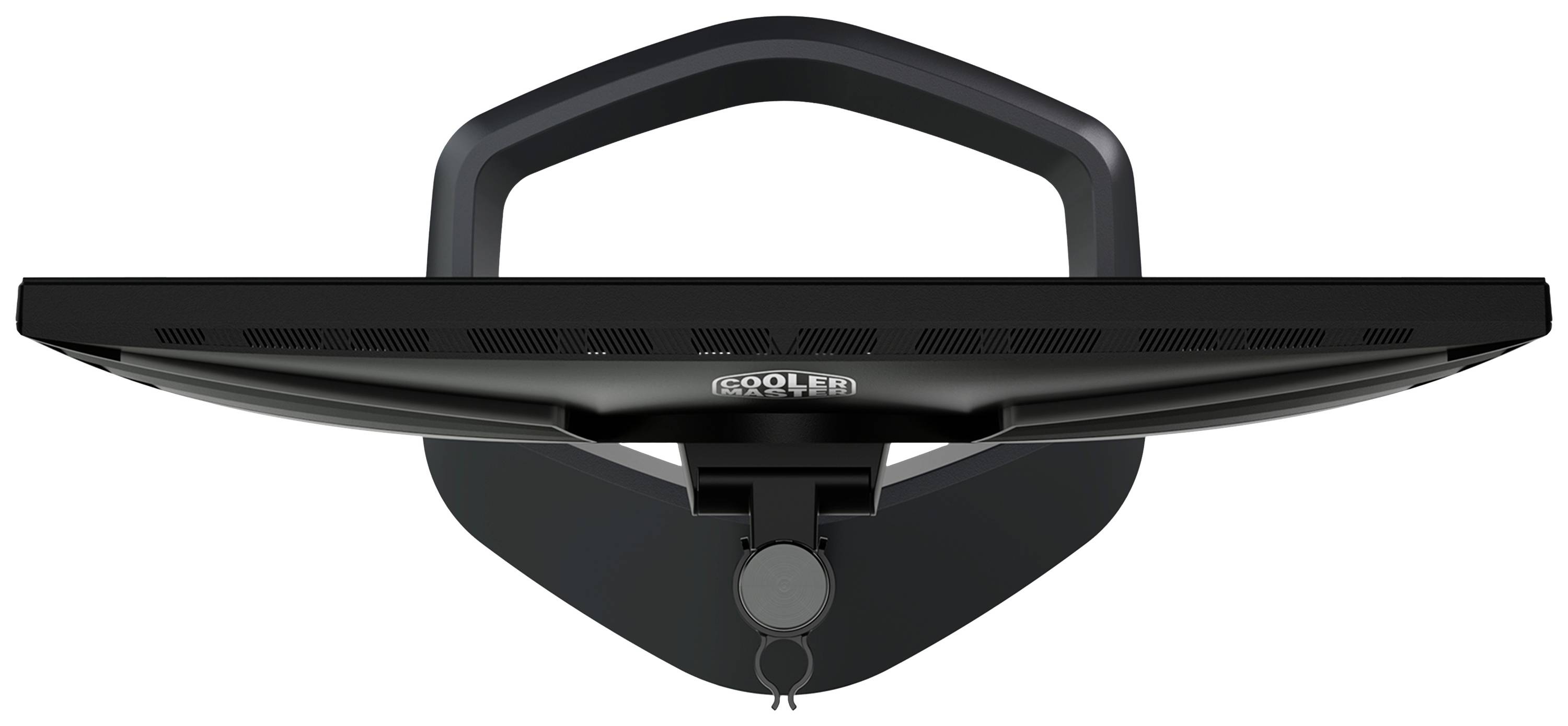 Widok czarnego, zakrzywionego monitora komputerowego z góry, z podstawą urządzenia pośrodku.