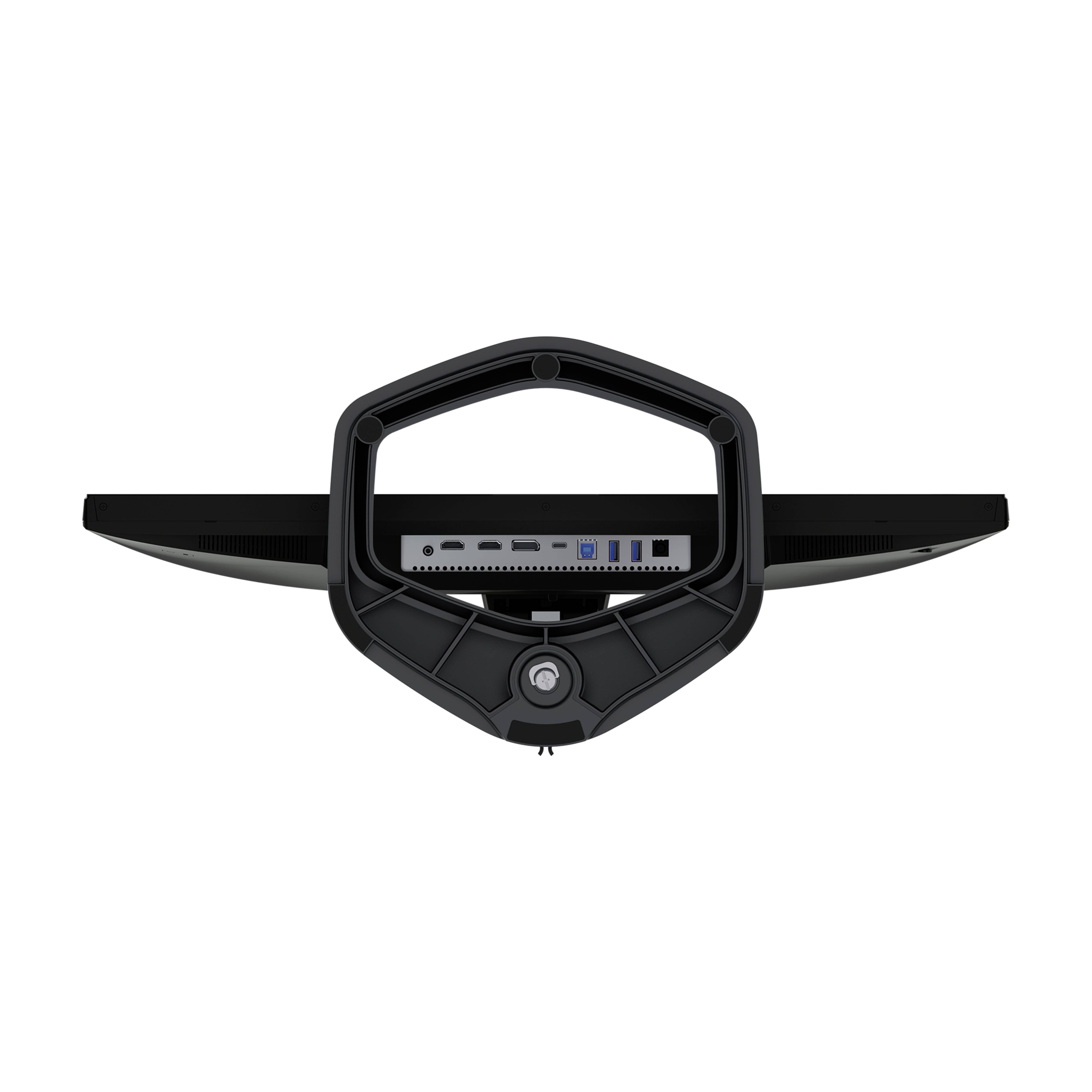 Czarny ekran komputera widziany od spodu, ukazujący różne złącza i interfejsy w zbliżeniu.