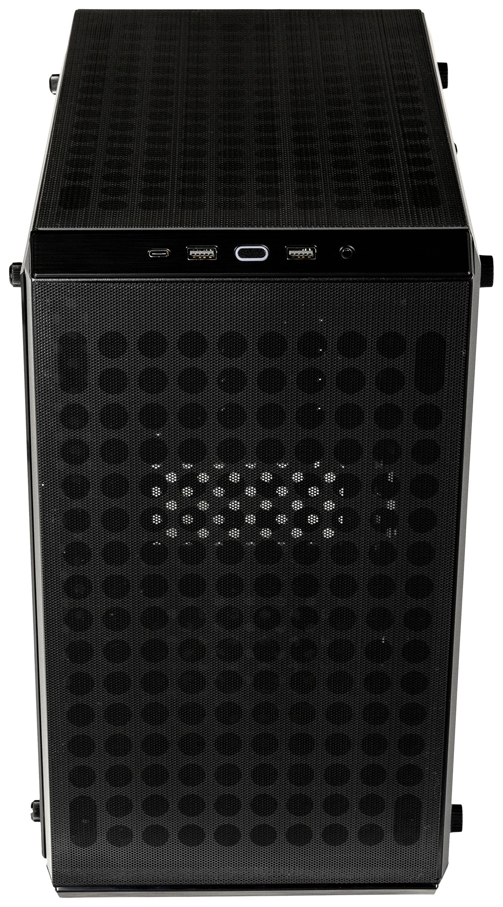 Czarny tower komputerowy z perforowaną przednią ścianką, dwoma złączami USB i większym złączem u góry.